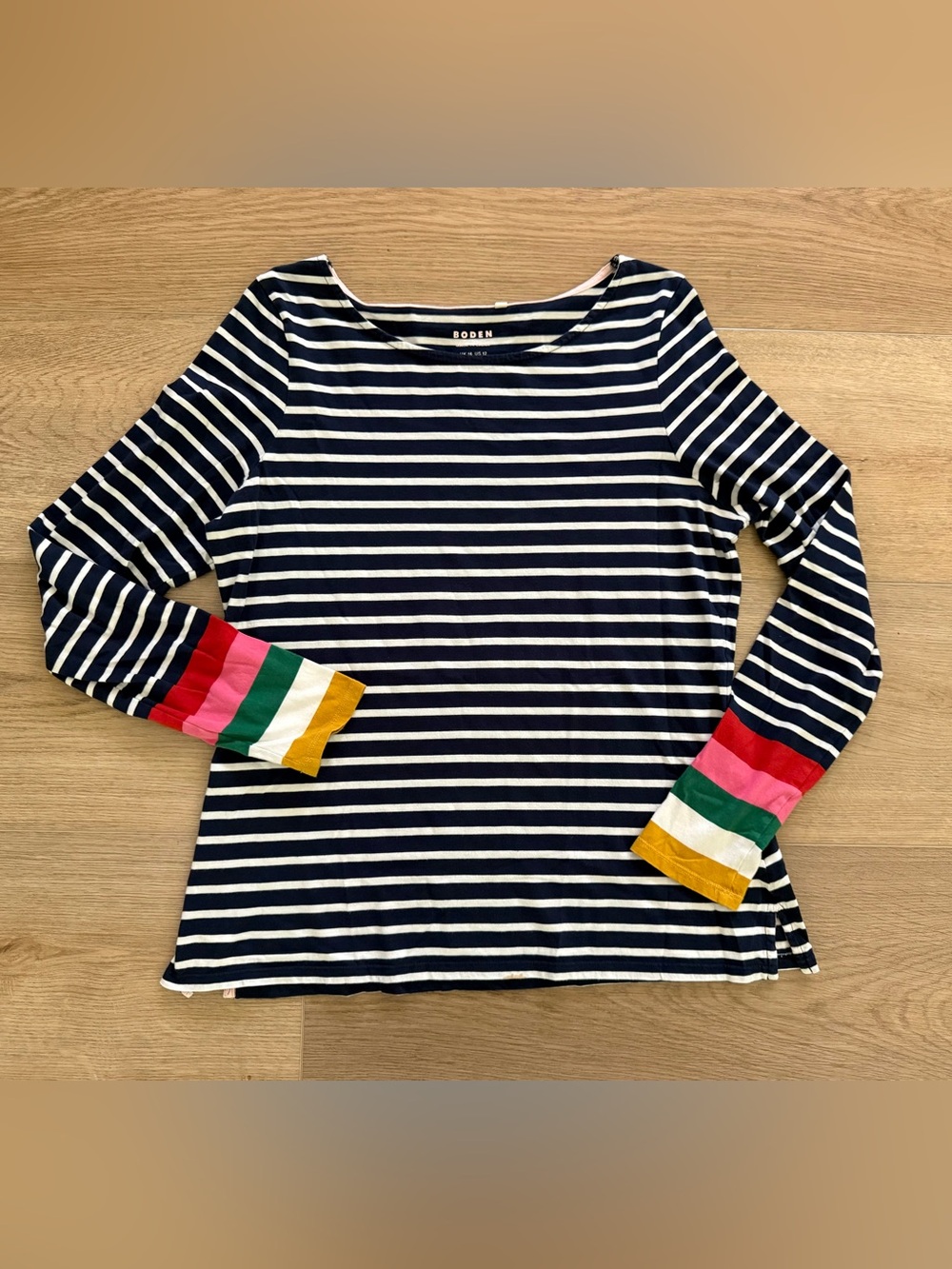 Boden Long Sleeve Breton Rainbow Cuff Striped Top Size 12 Navy Ivory